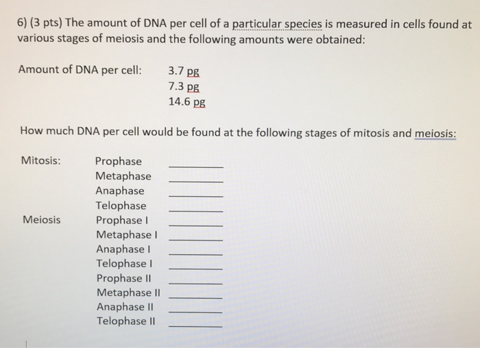 Solved 6) (3 pts) The amount of DNA per cell of a particular | Chegg.com