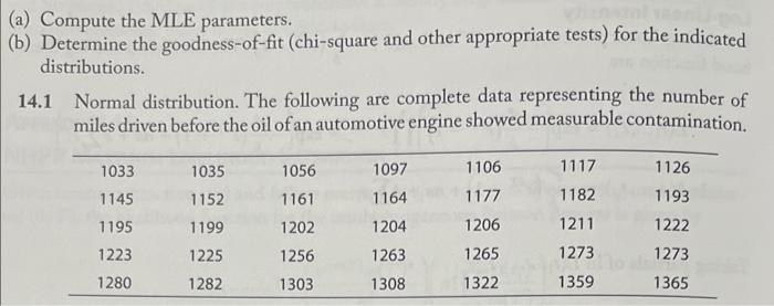 (a) Compute the MLE parameters.
(b) Determine the goodness-of-fit (chi-square and other appropriate tests) for the indicated 