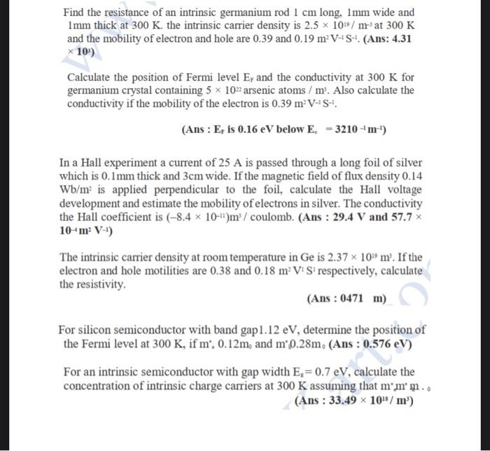 Solved Find The Resistance Of An Intrinsic Germanium Rod 1 | Chegg.com