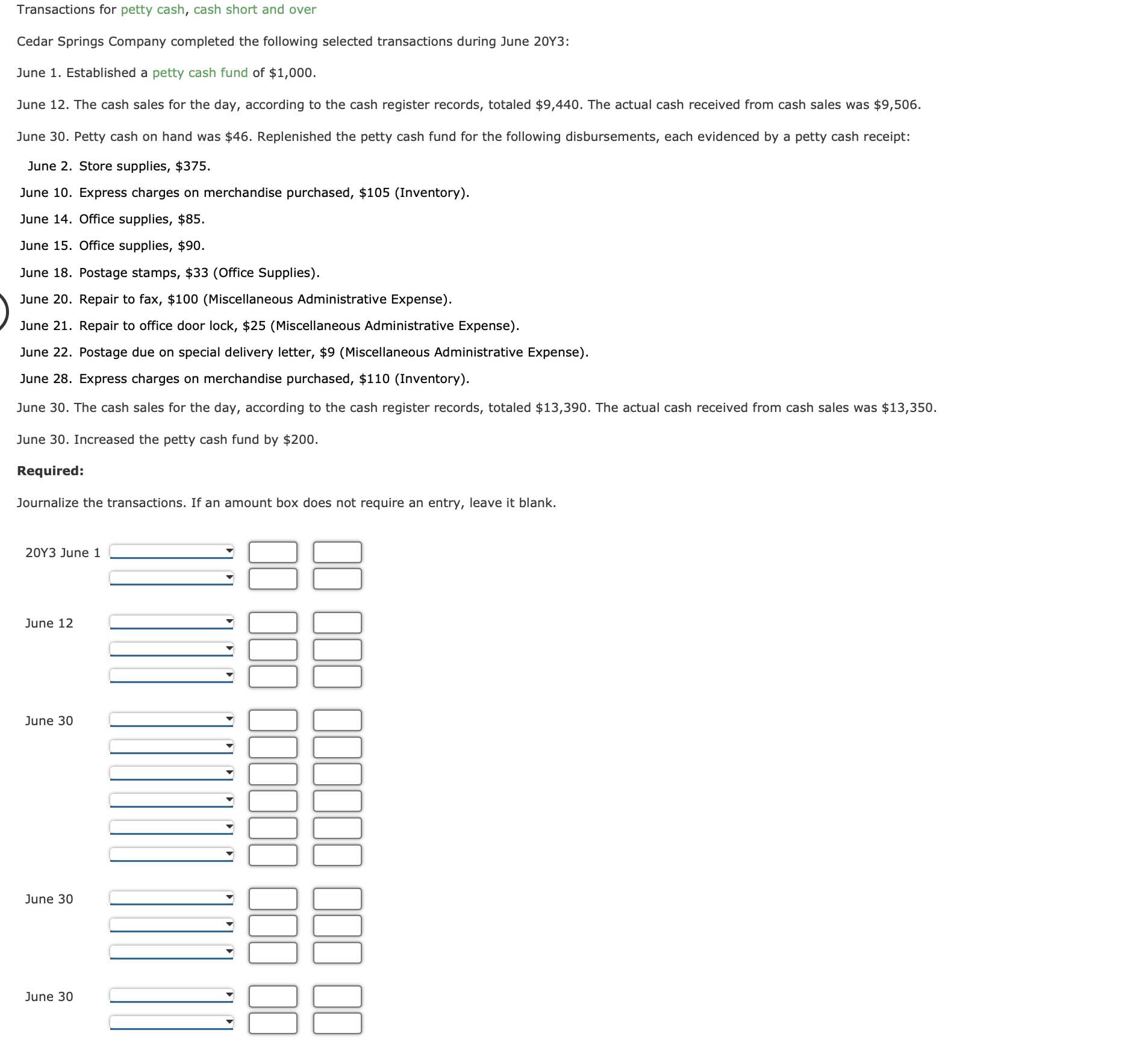 Solved Transactions for petty cash, cash short and overCedar | Chegg.com