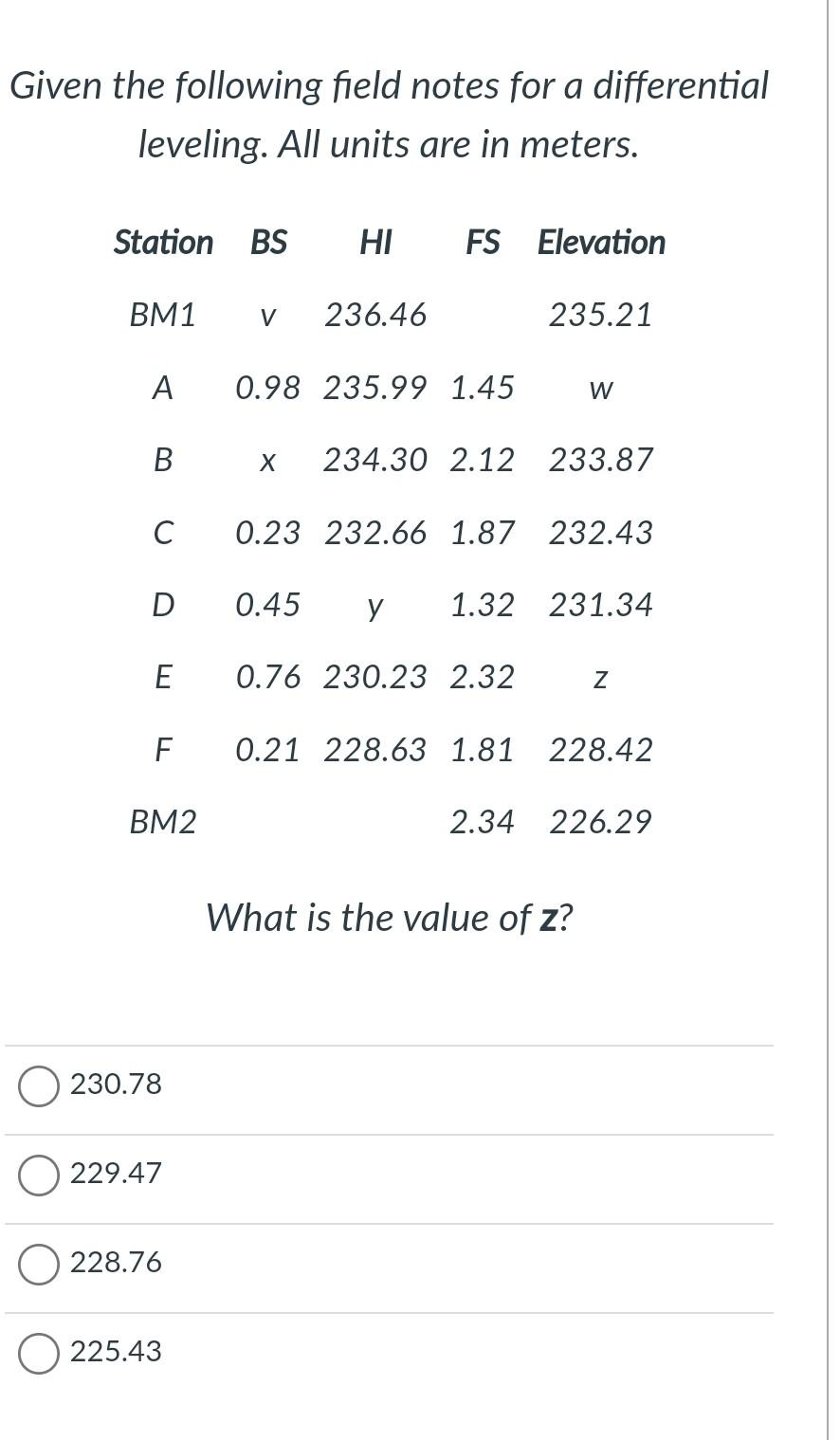 Solved Given the following field notes for a differential | Chegg.com