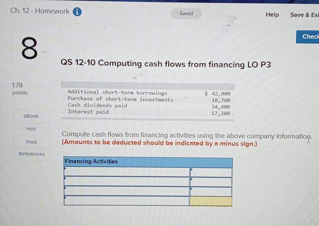 Solved Ch. 12 - Homework Saved Help Save & Exi Check 8. QS | Chegg.com