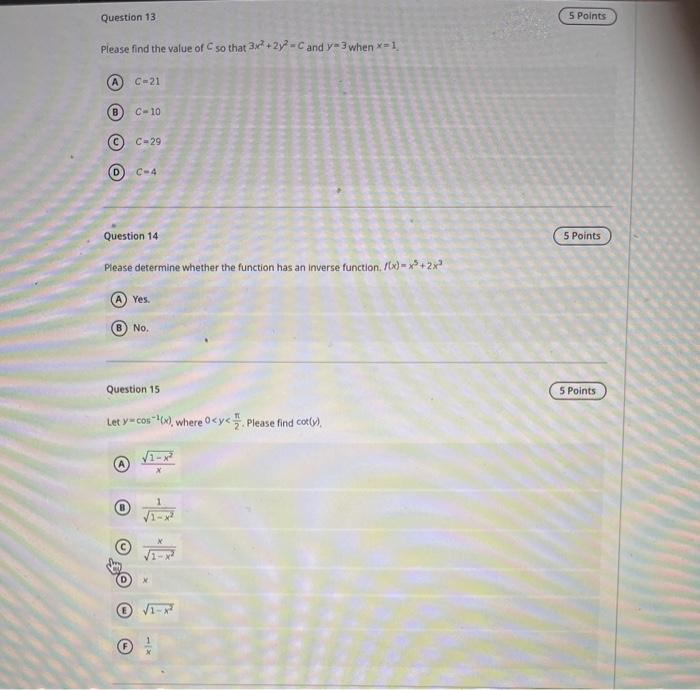 Solved Question 10 5 Points Please evaluate the function | Chegg.com