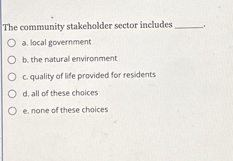 Solved The Community Stakeholder Sector Includesa. ﻿local | Chegg.com