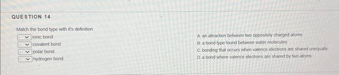 Solved Match the bond type with if's defirition ionic bond A | Chegg.com