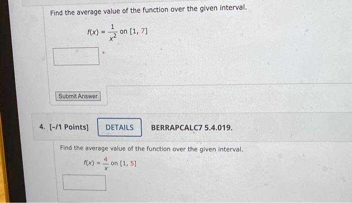 Solved Find the average value of the function over the given | Chegg.com