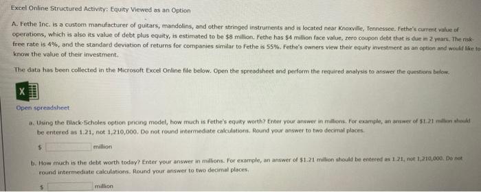 Solved Excel Online Structured Activity: Equity Viewed as an | Chegg.com
