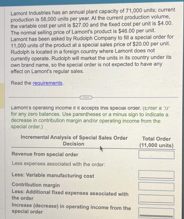 Solved Lamont Industries has an annual plant capacity of