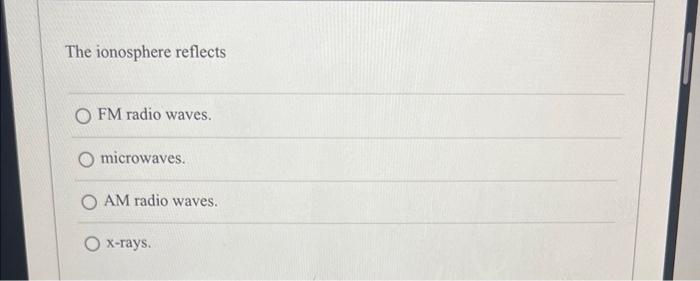 Solved The ionosphere reflects FM radio waves. microwaves. | Chegg.com