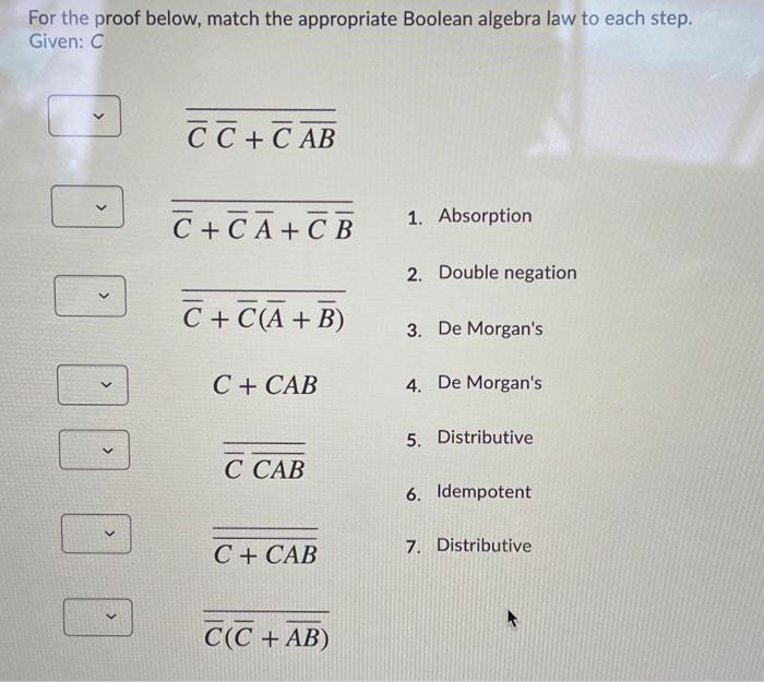 Solved For the proof below, match the appropriate Boolean | Chegg.com