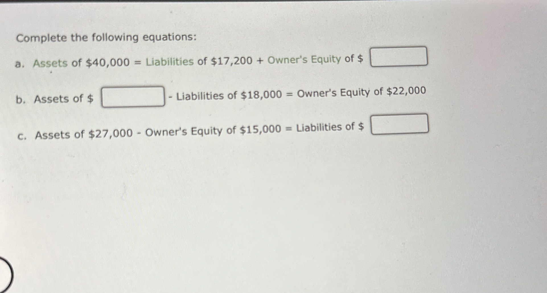 Solved Complete the following equations:a. ﻿Assets of | Chegg.com