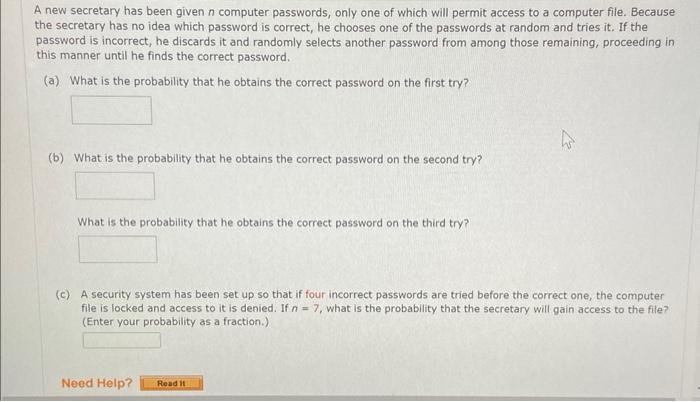 Solved A new secretary has been given n computer passwords, | Chegg.com