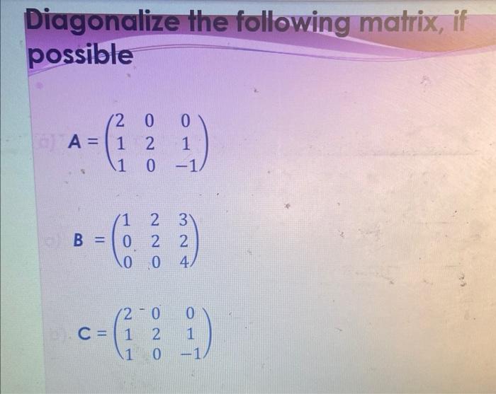 Solved Diagonalize the following matrix, if possible | Chegg.com