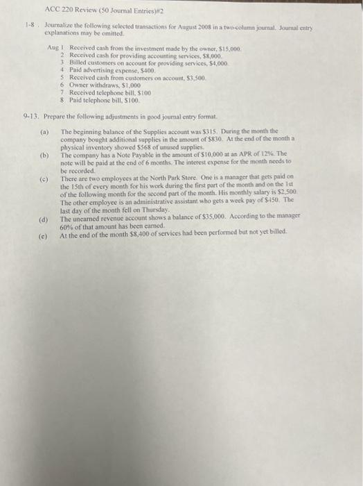 Solved ACC 220 Review (50 Journal Entries)#2 1-8. Journalize | Chegg.com