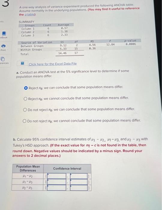 Solved A one-way analysis of variance experiment produced | Chegg.com