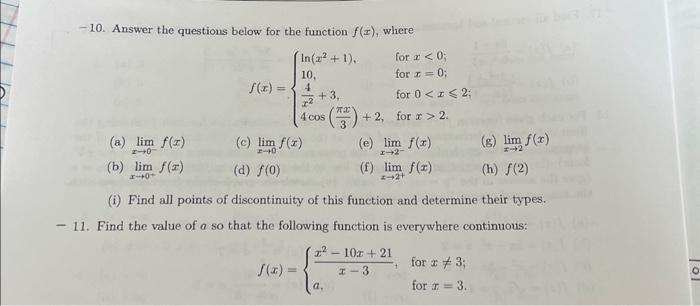 Solved -10. Answer The Questions Below For The Function | Chegg.com