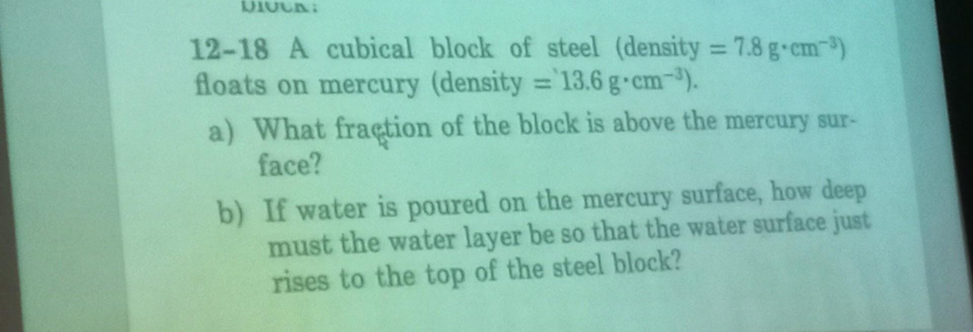 Solved 1218 A cubical block of steel (density =7.8 g⋅cm−3 )