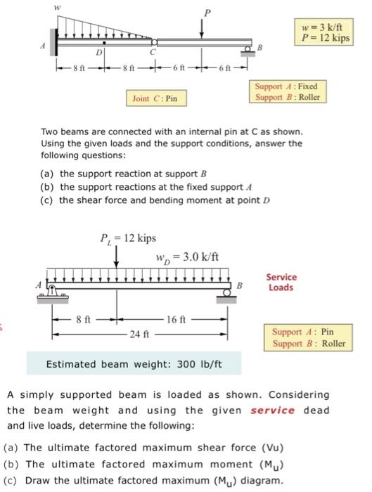 Solved w = 3 k/ft P= 12 kips -8--8--6f6ft- Support : Fixed | Chegg.com