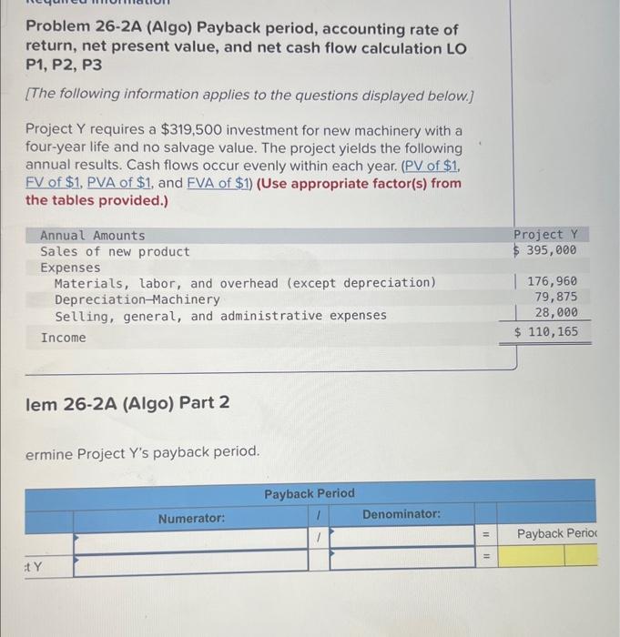 Solved Problem 26-2A (Algo) Payback period, accounting rate | Chegg.com