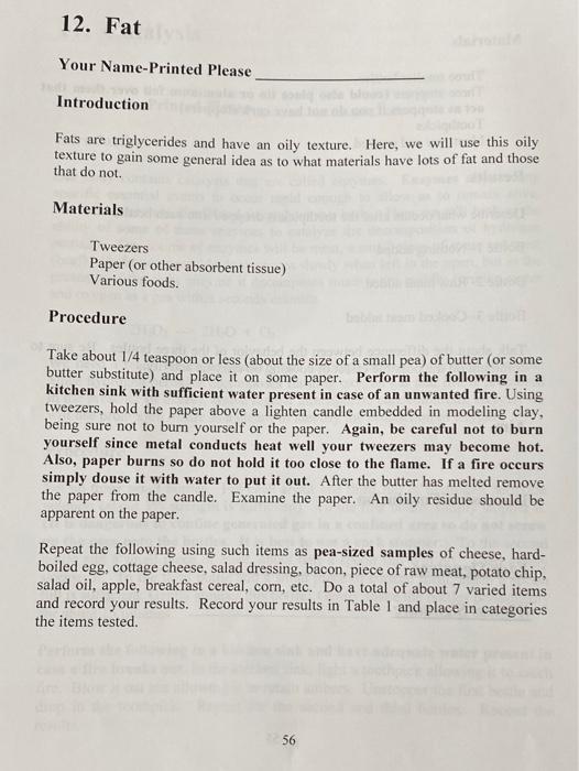Solved 12. Fat Your Name-Printed Please Introduction Fats | Chegg.com