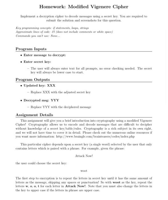 Homework Modified Vigenere Cipher Implement A Chegg Com
