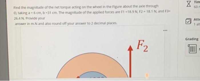 Find the magnitude of the net torque acting on the wheel in the Figure about the axle through \( \mathrm{O} \), taking \( \ma