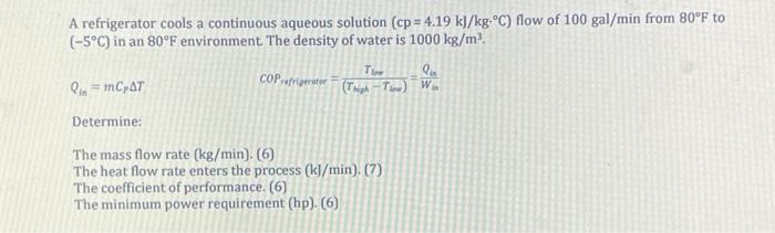 Solved A refrigerator cools a continuous aqueous solution | Chegg.com