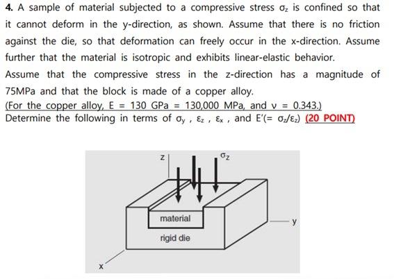 4. A sample of material subjected to a compressive stress 0? is confined so that
it cannot deform in the y-direction, as show