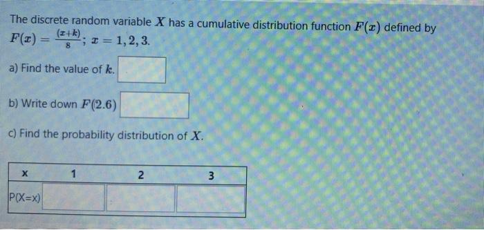 Solved The discrete random variable X has a cumulative | Chegg.com