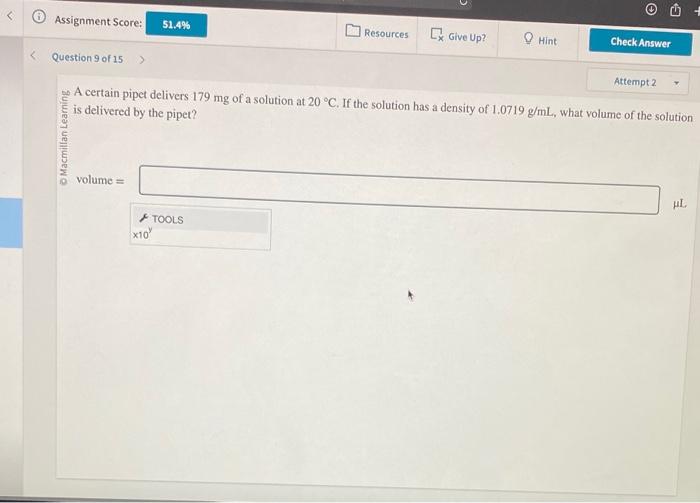 Solved A A certain pipet delivers 179mg of a solution at