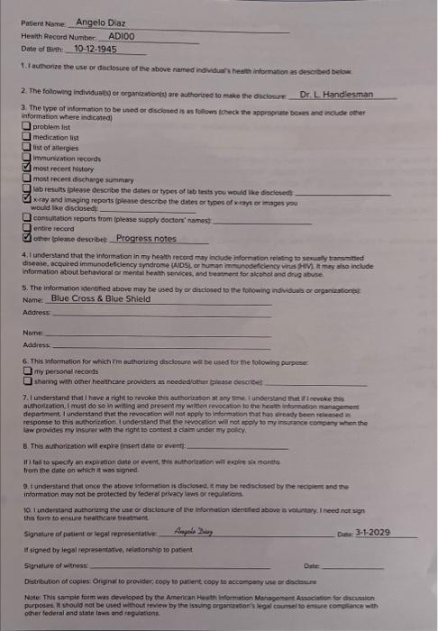 Solved LO 2.4 Angelo Diaz signed the authorization form on | Chegg.com