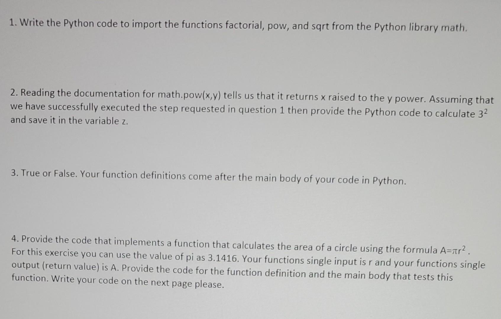 Solved 1. Write the Python code to import the functions | Chegg.com