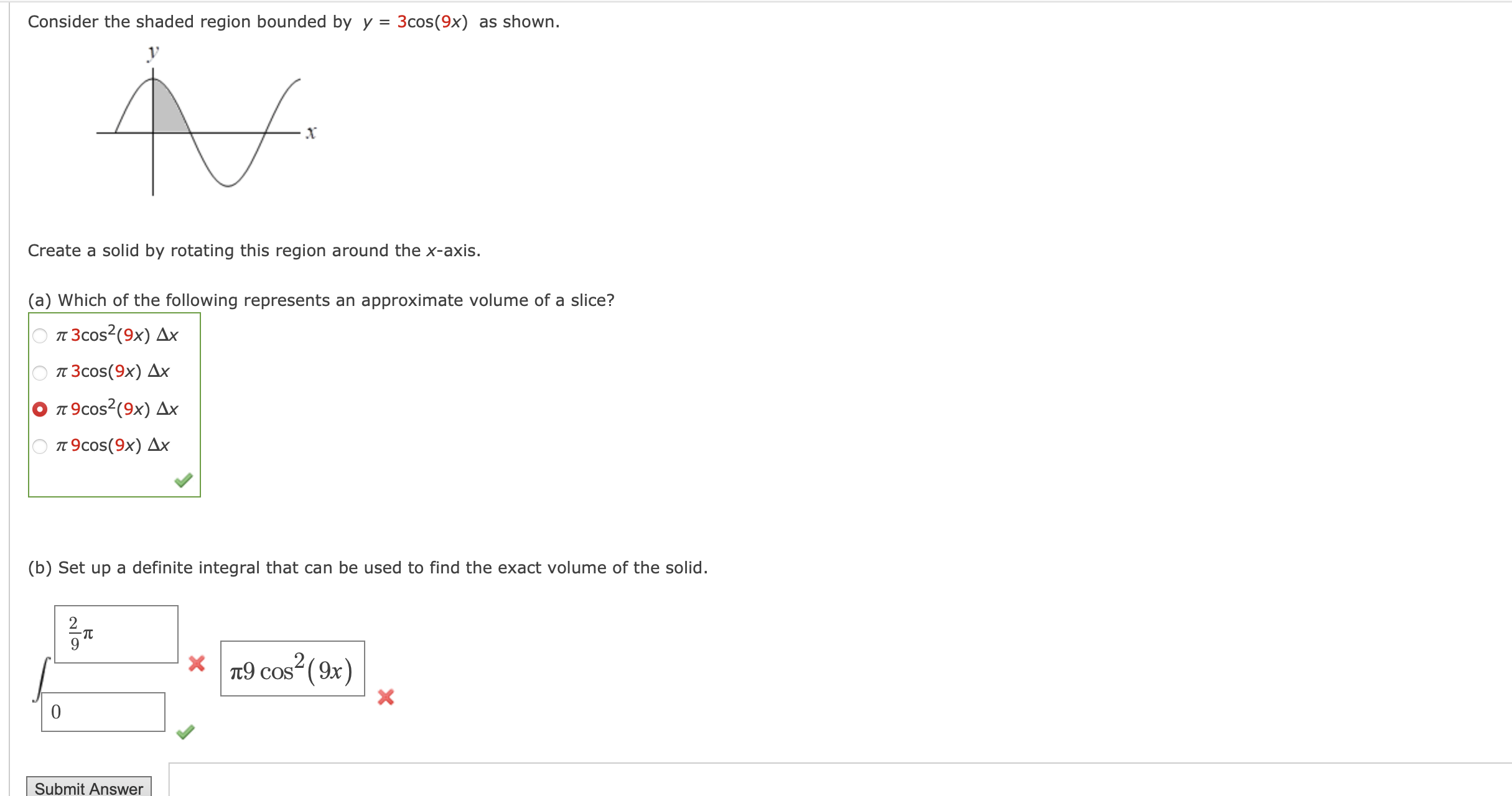 Solved Consider the shaded region bounded by y=3cos(9x) ﻿as | Chegg.com