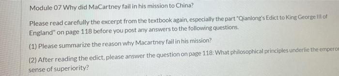 Module 07 Why did MaCartney fail in his mission to | Chegg.com