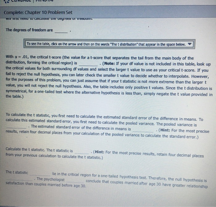 Solved Complete: Chapter 10 Problem Set 6. The t test for | Chegg.com