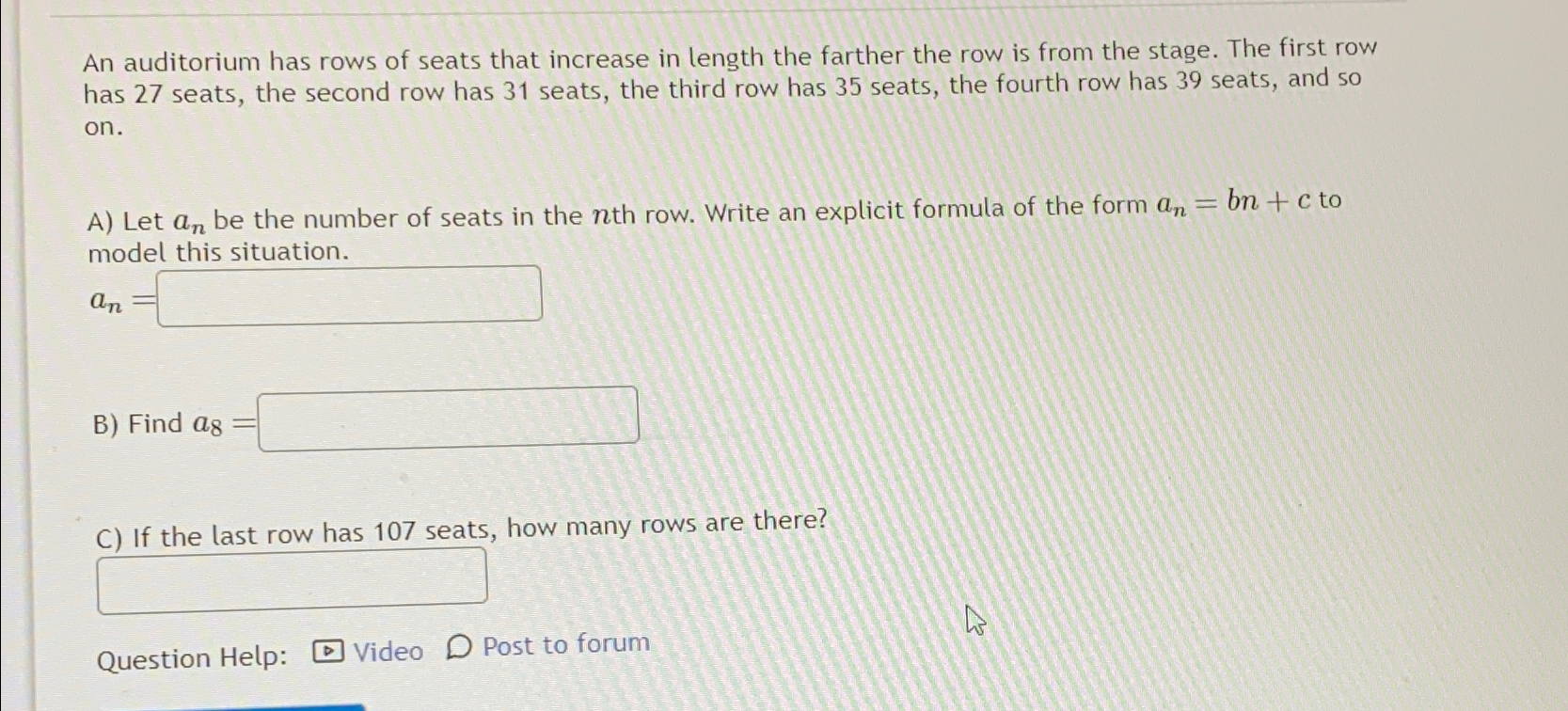 An auditorium has rows of seats that increase in Chegg