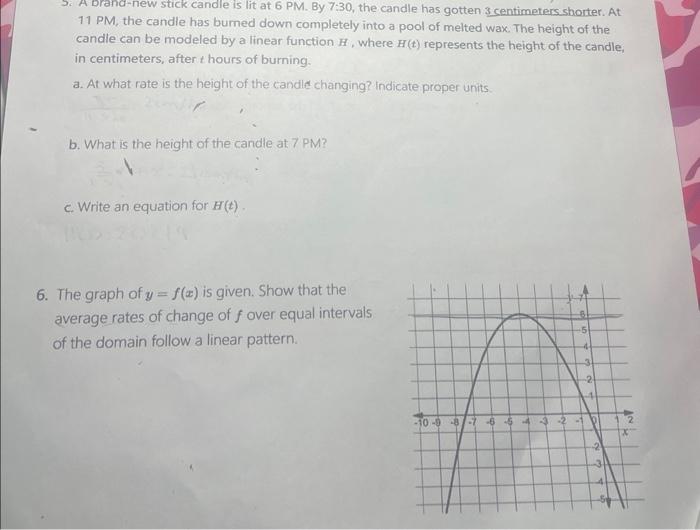 Solved 5. A brand new stick candle is tit at 6PM. 8 y 7 30