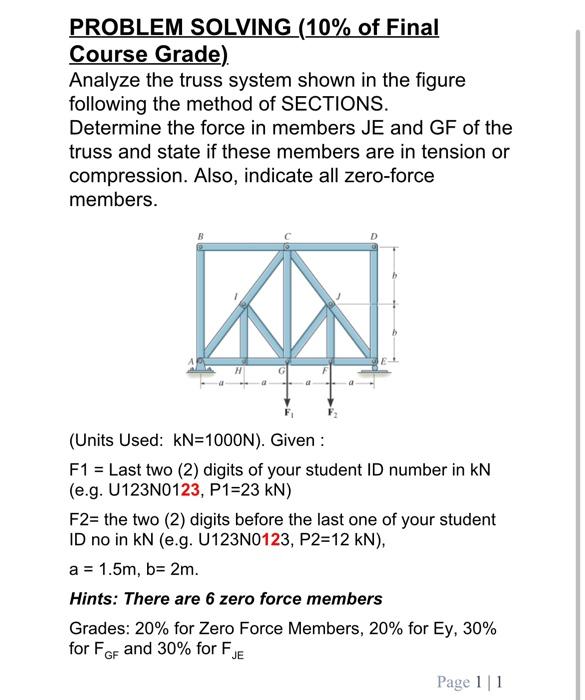 PROBLEM SOLVING (10\% of Final
Course Grade).
Analyze the truss system shown in the figure following the method of SECTIONS.
