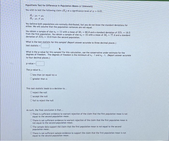 Solved Hypothesis Test for Difference in Population Means ( | Chegg.com
