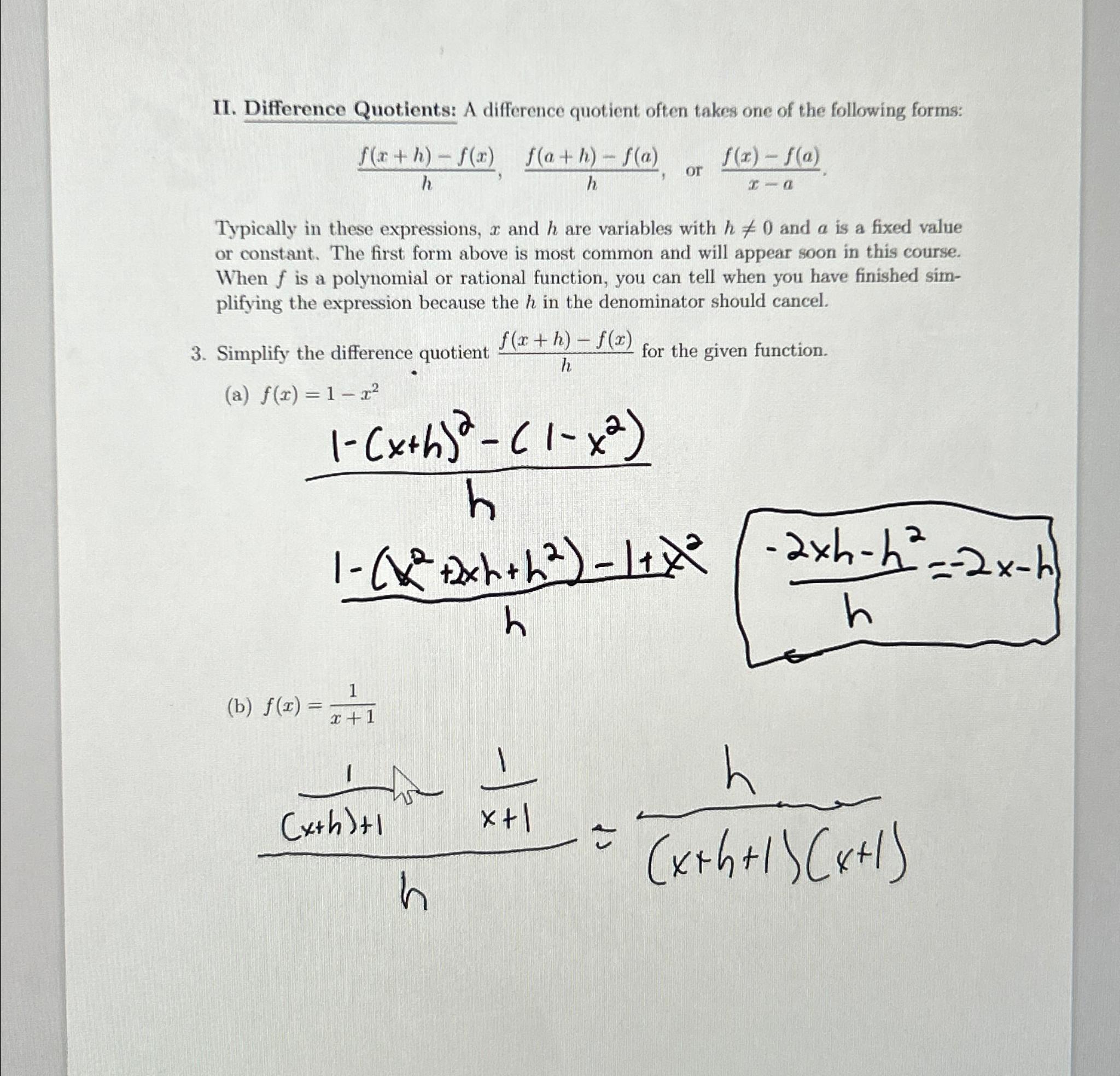 Solved II. ﻿Difference Quotients: A difference quotient | Chegg.com