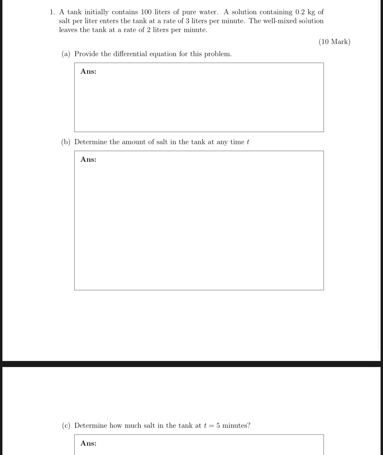 Solved A tank initially contains 100 ﻿liters of pure water.