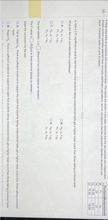 Solved A study was done on proctored and nonproctored tests. | Chegg.com