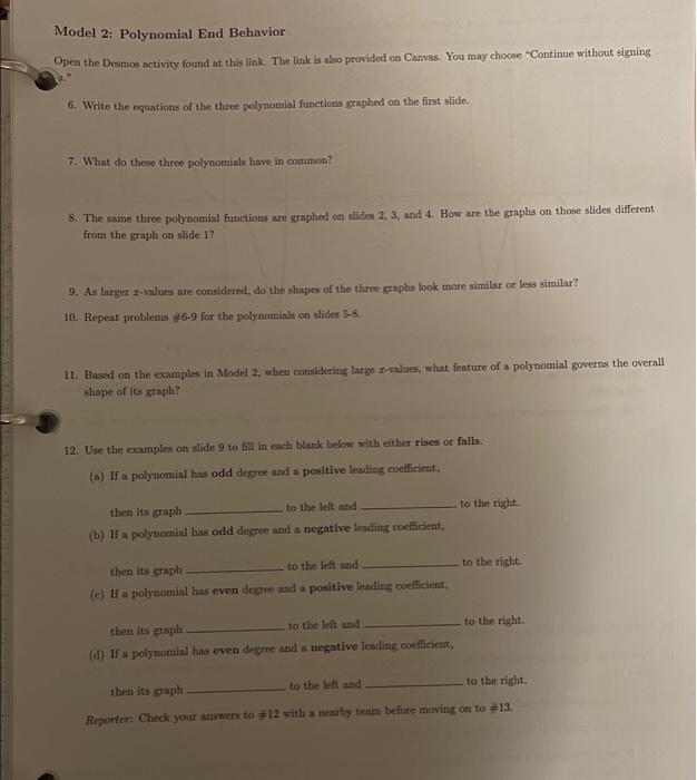 Model 2: Polynomial End Behavior Open the Desmos | Chegg.com