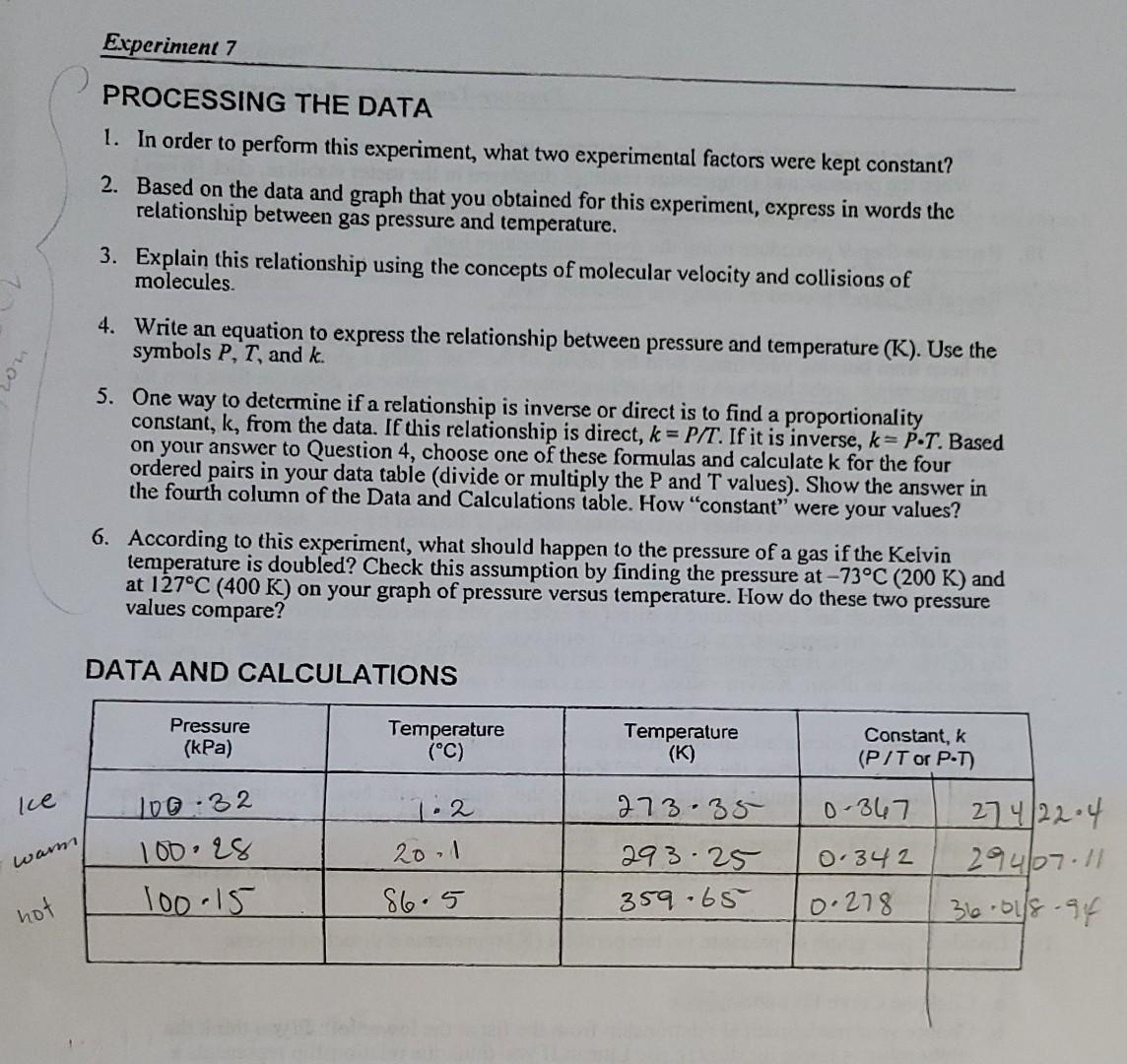 Solved Experiment 7 PROCESSING THE DATA 1. In order to | Chegg.com