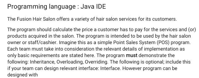 Solved Programming language : Java IDE The Fusion Hair Salon 