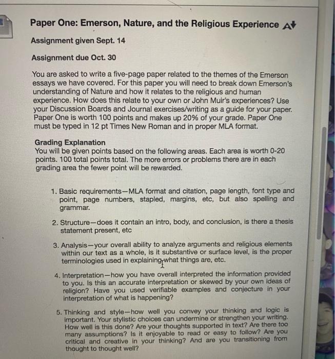 Paper One Emerson Nature And The Religious Expe Chegg Com