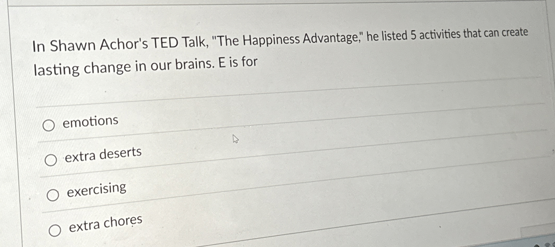 Solved In Shawn Achor's TED Talk, "The Happiness Advantage,"