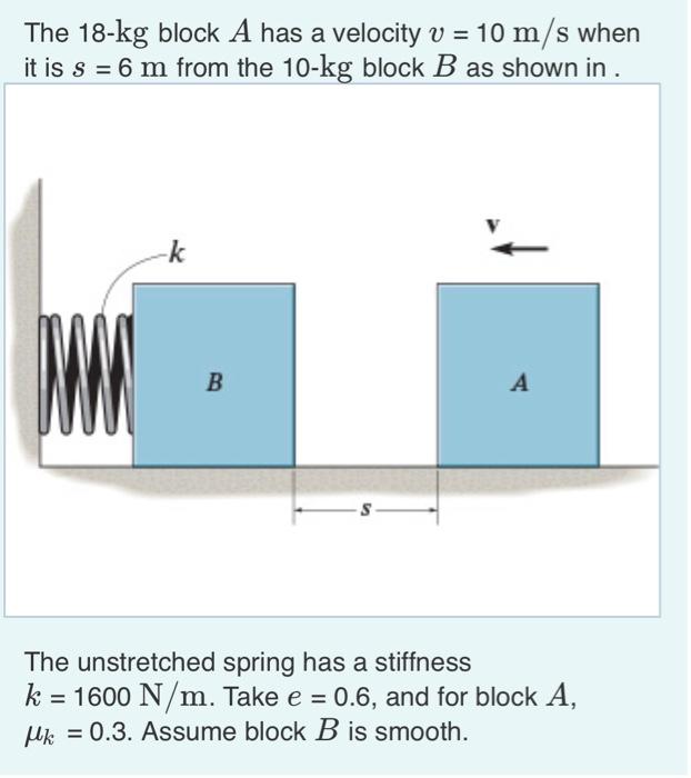 The \( 18-\mathrm{kg} \) block \( A \) has a velocity \( v=10 \mathrm{~m} / \mathrm{s} \) when it is \( s=6 \mathrm{~m} \) fr