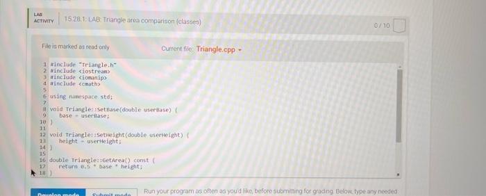 Solved 15.28 LAB: Triangle area comparison (classes) Given | Chegg.com