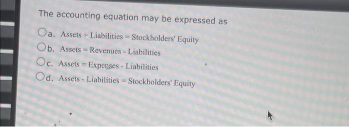 Solved The Accounting Equation May Be Expressed As Oa